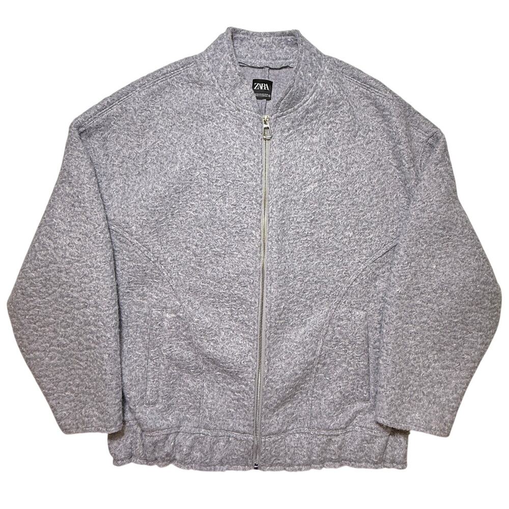 ZARA Oversized Boucle Bomber Jacket XS-S Light Gray Marl Zip Front